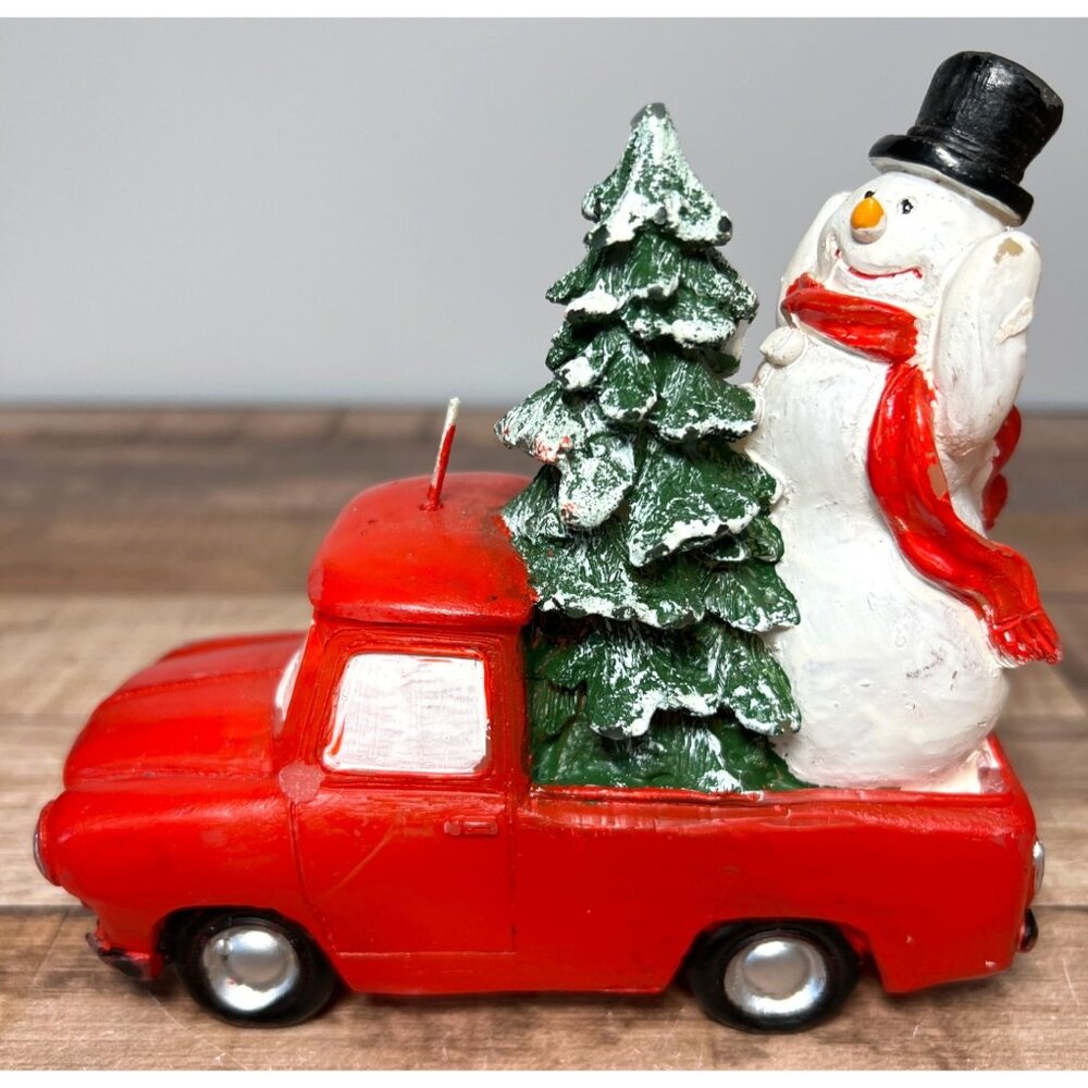 Vintage Red Truck Candle With Snowman & Christmas Tree